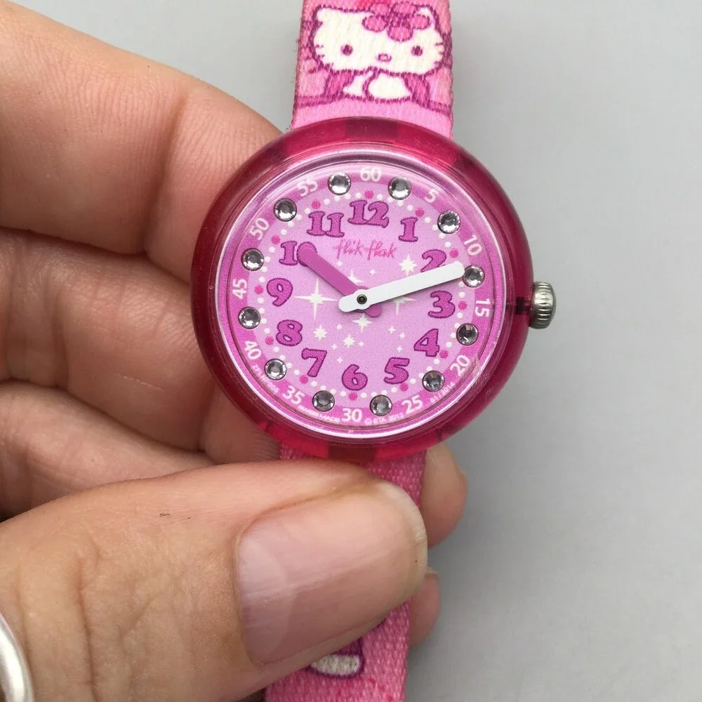 Flik Flak Hello Kitty Girls Watch 29mm Pink Dial Fabric Strap Swiss New Battery